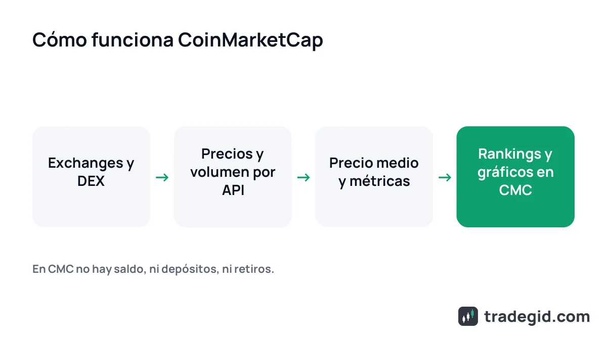 Cómo funciona CoinMarketCap: los datos de los exchanges llegan por API y se convierten en precios, capitalización y rankings