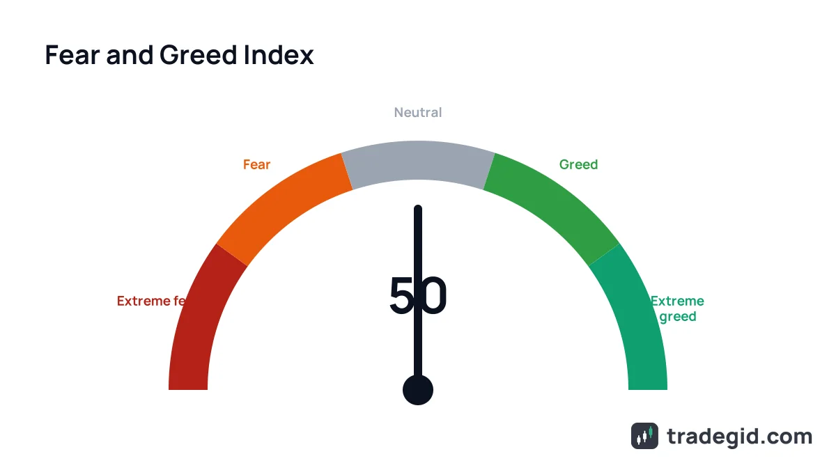 Crypto Fear and Greed Index gauge from 0 to 100: extreme fear, fear, neutral, greed, extreme greed