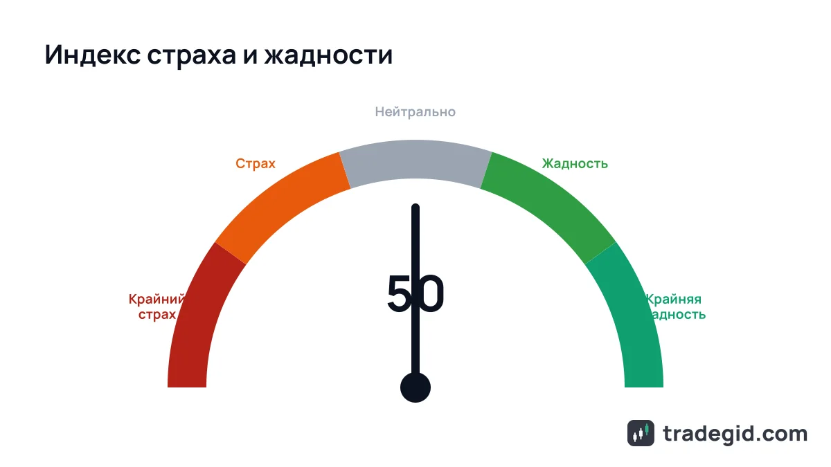 Шкала индекса страха и жадности крипты от 0 до 100: крайний страх, страх, нейтрально, жадность, крайняя жадность