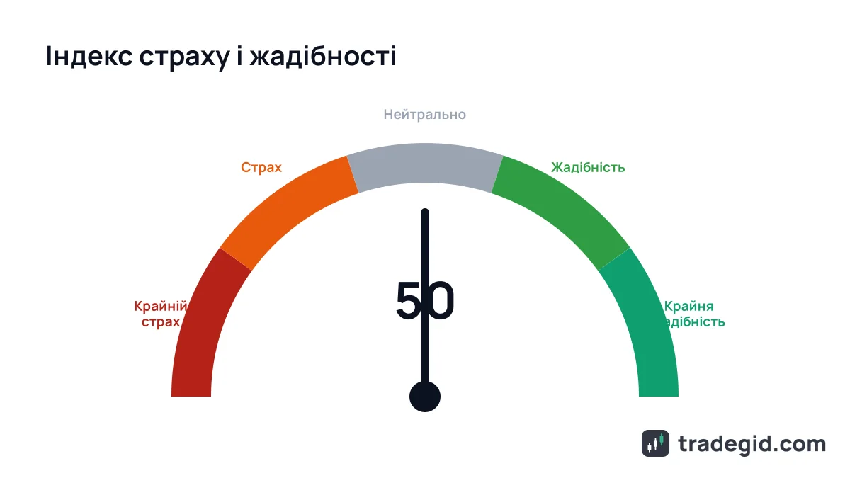 Шкала індексу страху і жадібності крипти від 0 до 100: крайній страх, страх, нейтрально, жадібність, крайня жадібність