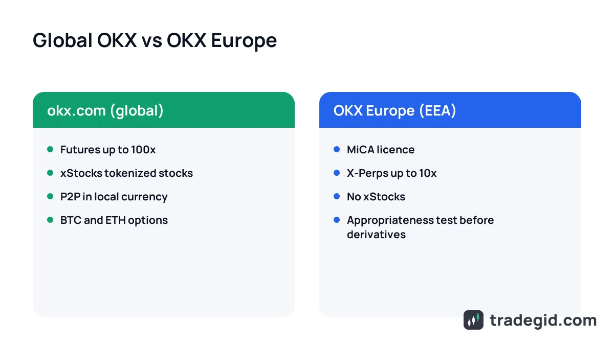 Global OKX versus OKX Europe compared: leverage, xStocks, P2P and the MiCA licence