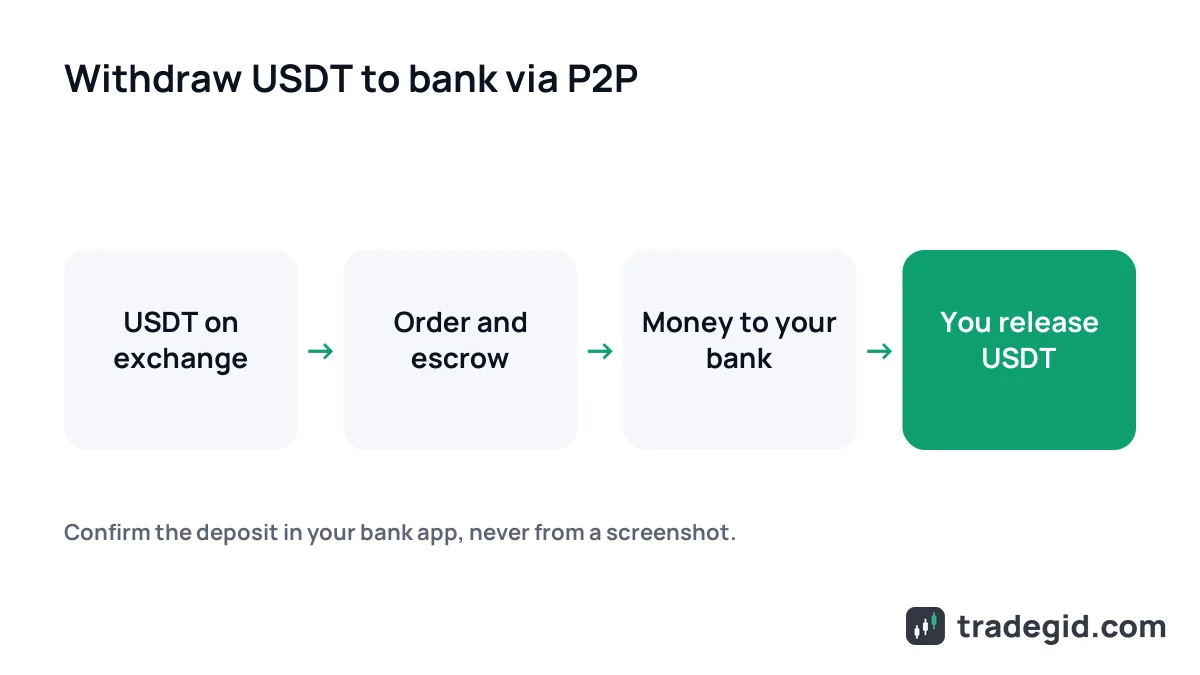 How to withdraw USDT to a bank account via P2P: USDT in escrow, buyer pays to bank, seller releases