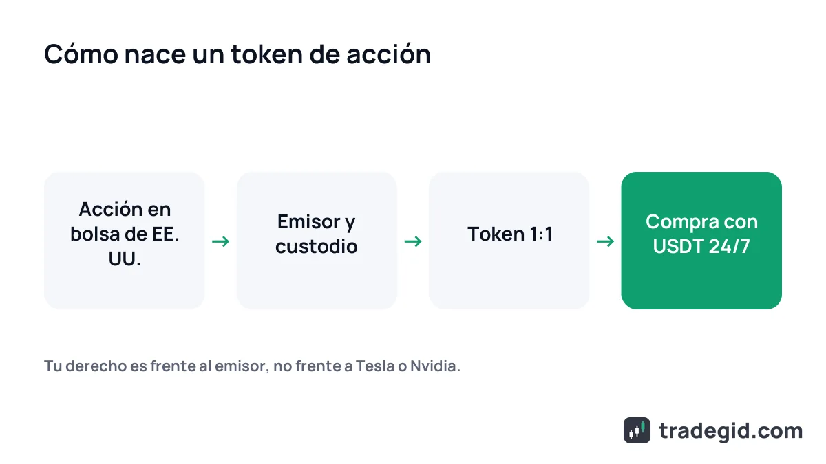 Cómo funciona una acción tokenizada: el emisor compra la acción, la deja en un custodio y emite un token 1:1 que se compra con USDT