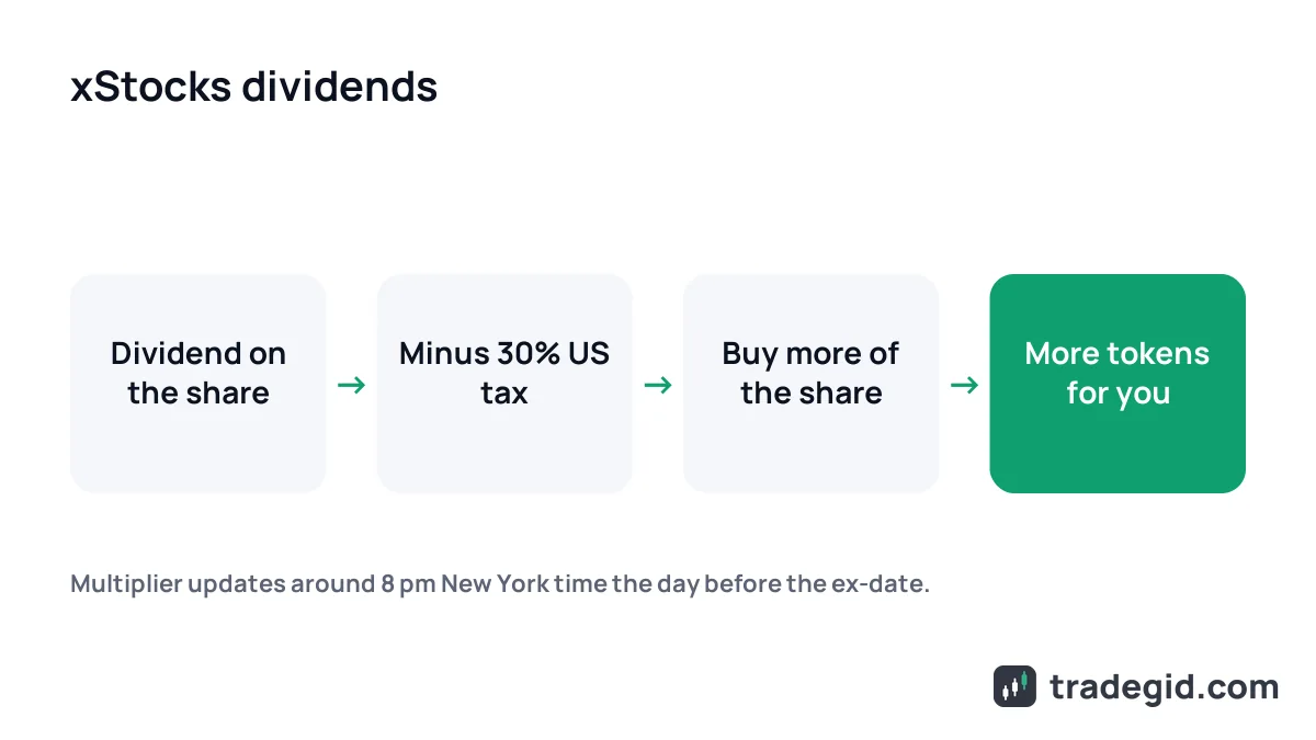 How xStocks dividends work: dividend minus 30% tax is reinvested and the token balance grows
