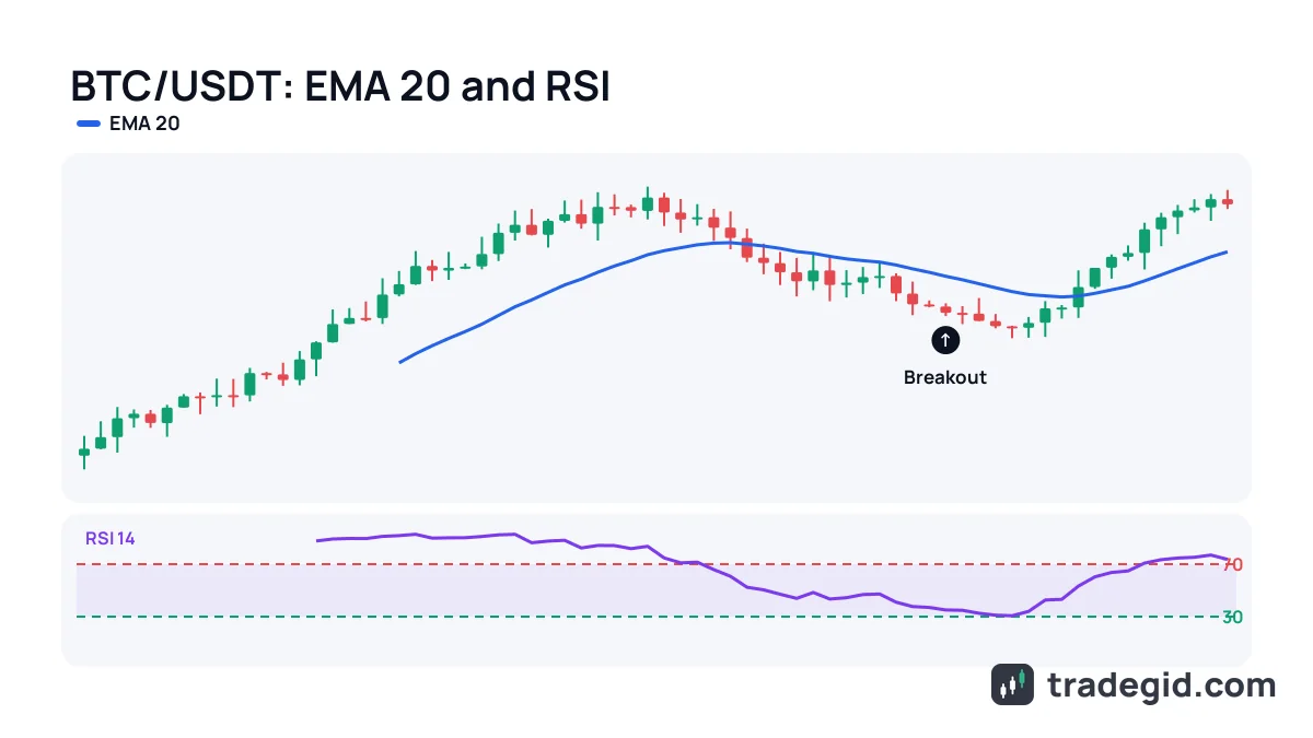 TradingView chart example: BTC/USDT candles with an EMA 20 overlay and the RSI indicator in the lower panel