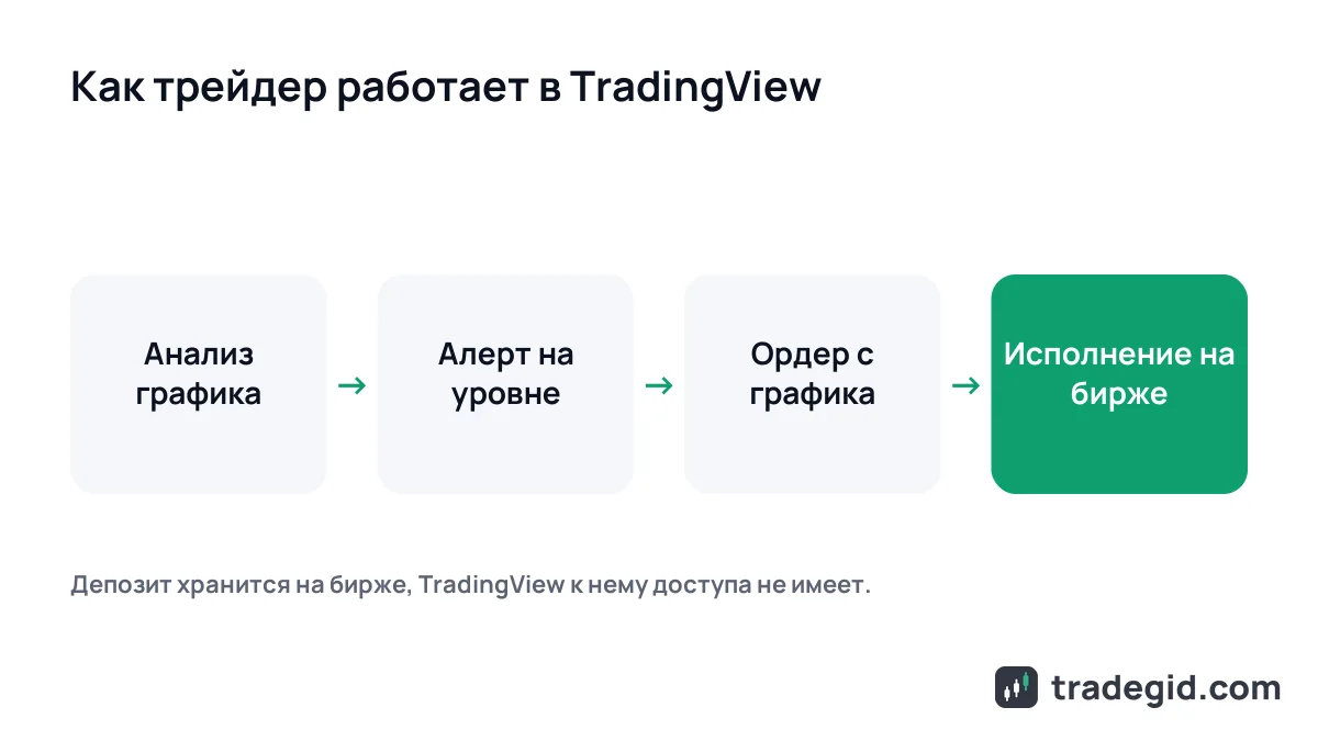 Схема работы с TradingView: анализ графика, алерт на уровне и сделка через подключённую биржу