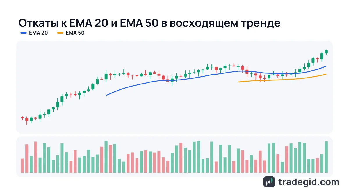 Динамическая поддержка на EMA 20 и EMA 50: в восходящем тренде цена откатывает к скользящим и продолжает рост