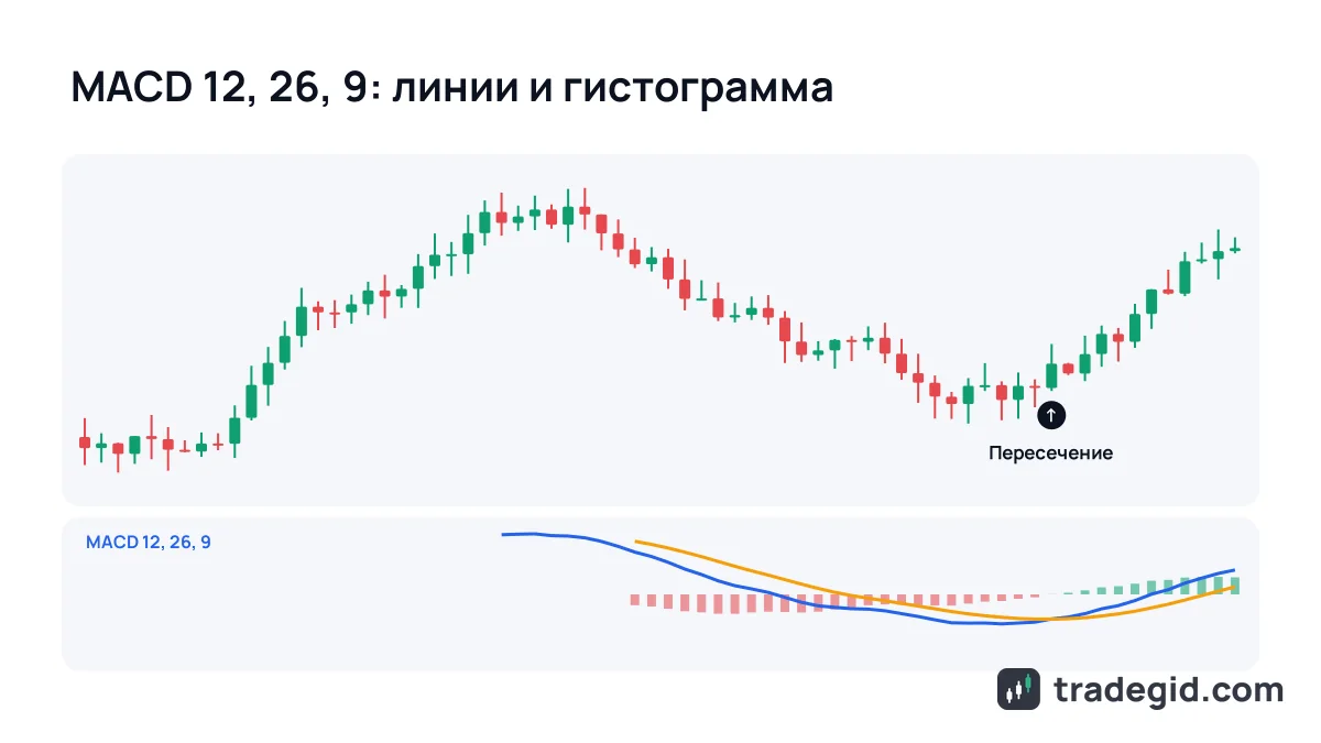 Индикатор MACD под свечным графиком: линия MACD пересекает сигнальную снизу вверх, гистограмма переходит в плюс