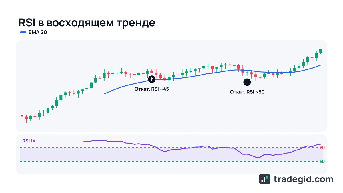 Индикатор RSI на графике крипты: в восходящем тренде RSI держится у 70, а откаты к 40–50 дают точки входа в лонг